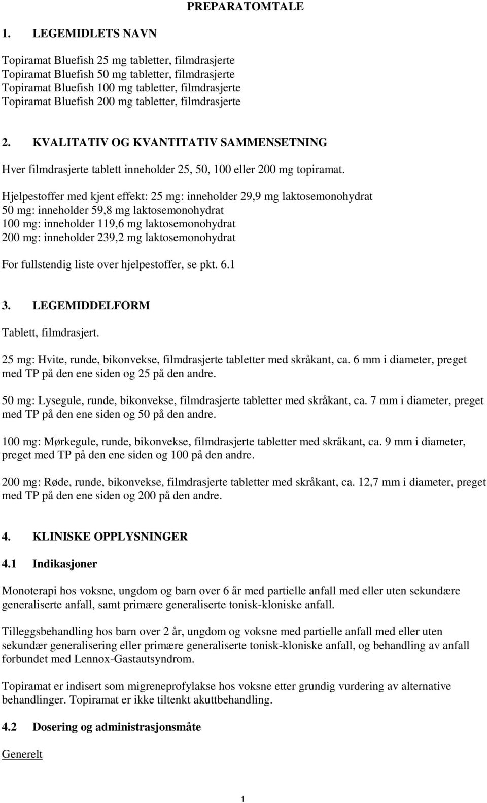 tabletter, filmdrasjerte 2. KVALITATIV OG KVANTITATIV SAMMENSETNING Hver filmdrasjerte tablett inneholder 25, 50, 100 eller 200 mg topiramat.