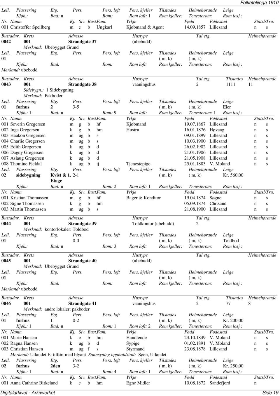 : Merkand: ubebodd 0043 001 Strandgate 38 vaaningshus 2 1111 11 Sidebygn.: 1 Sidebygning Merknad: Pakboder 01 forhus 2 3-5 ( m, k) ( m, k) Eier Kjøk.