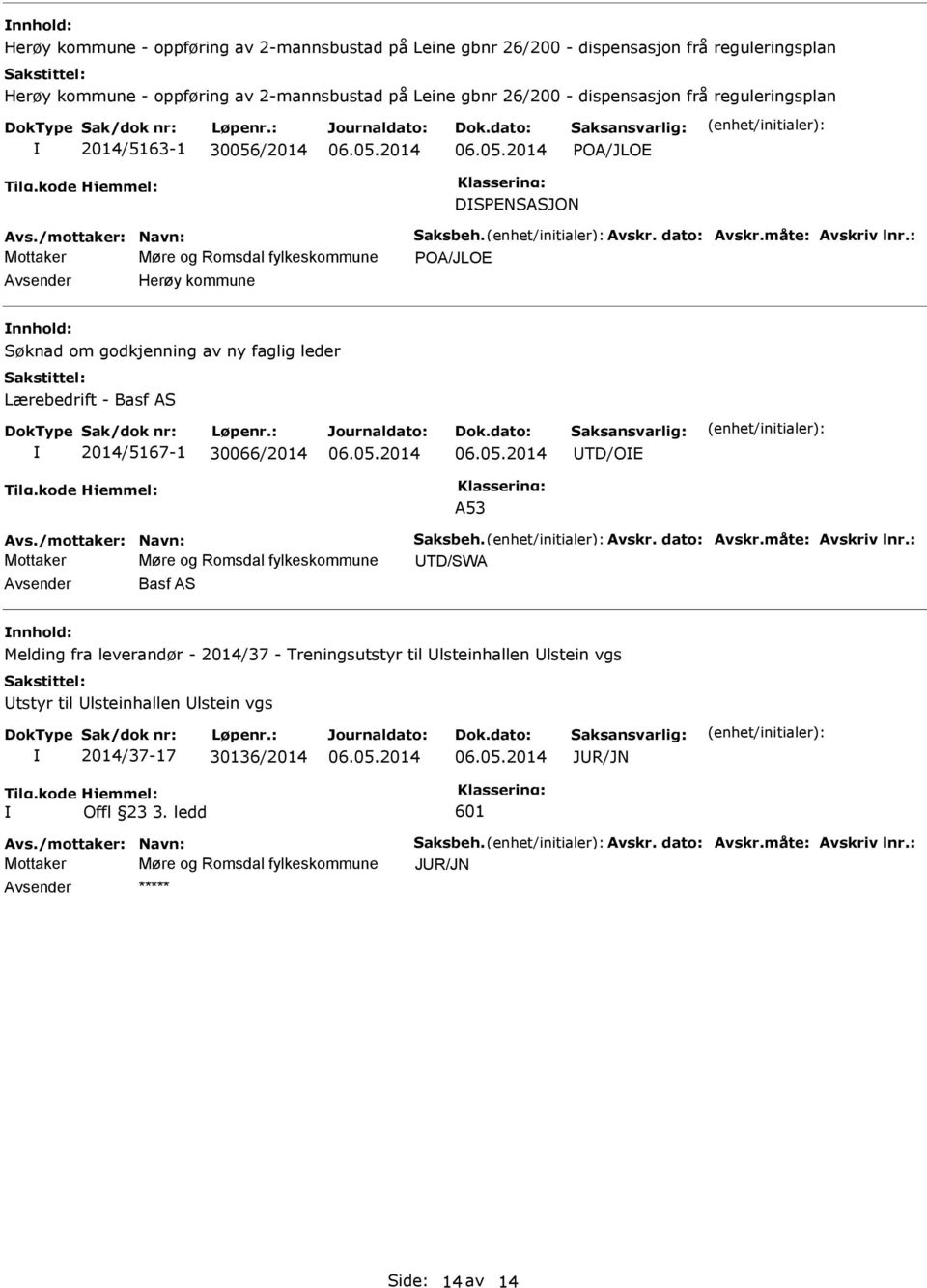 : Mottaker Møre og Romsdal fylkeskommune POA/JLOE Herøy kommune nnhold: Søknad om godkjenning av ny faglig leder Lærebedrift - Basf AS 2014/5167-1 30066/2014 TD/OE Avs./mottaker: Navn: Saksbeh. Avskr.