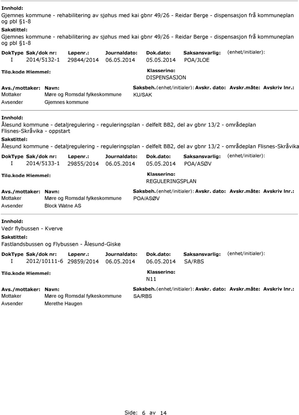 : Mottaker Møre og Romsdal fylkeskommune K/SAK Gjemnes kommune nnhold: Ålesund kommune - detaljregulering - reguleringsplan - delfelt BB2, del av gbnr 13/2 - områdeplan Flisnes-Skråvika - oppstart