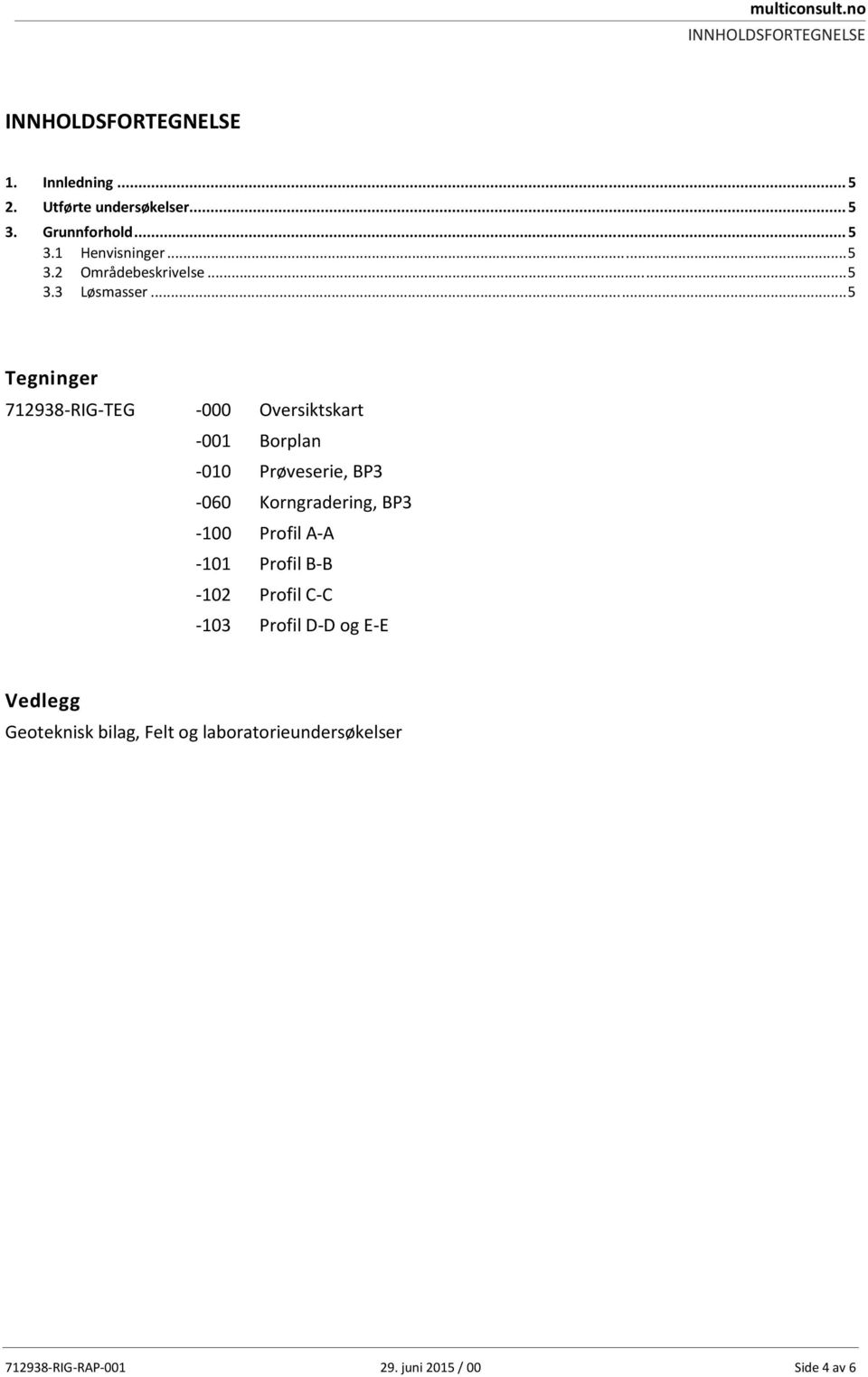 .. 5 Tegninger 712938-RIG-TEG -000 Oversiktskart -001 Borplan -010 Prøveserie, BP3-060 Korngradering, BP3-100 Profil