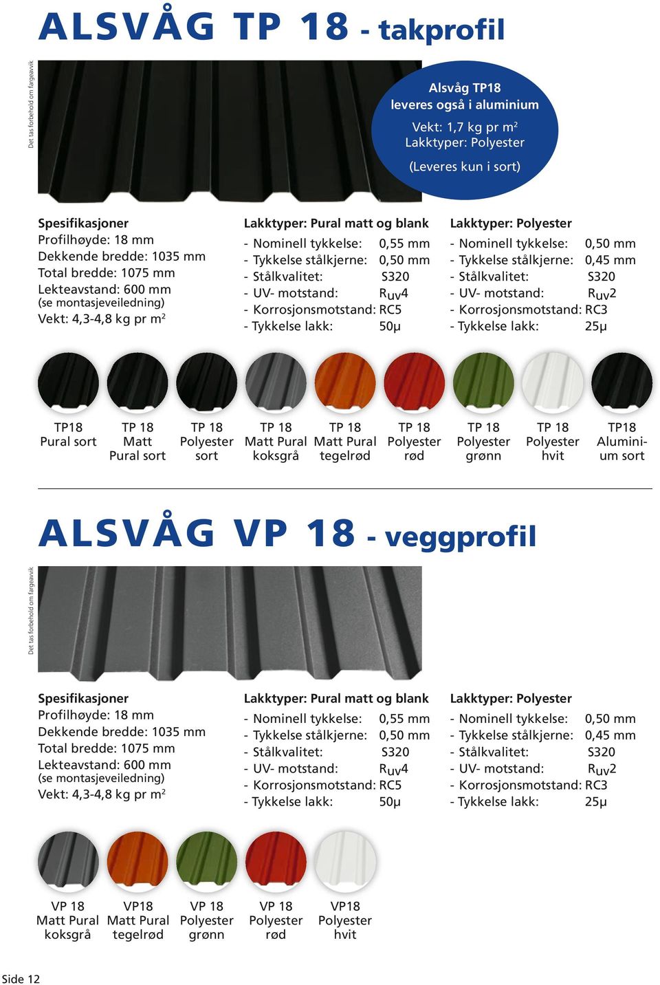 0,55 mm - Tykkelse stålkjerne: 0,50 mm - UV- motstand: Ruv4 - Korrosjonsmotstand: RC5 50µ - Nominell tykkelse: 0,50 mm - Tykkelse stålkjerne: 0,45 mm - UV- motstand: Ruv2 - Korrosjonsmotstand: RC3