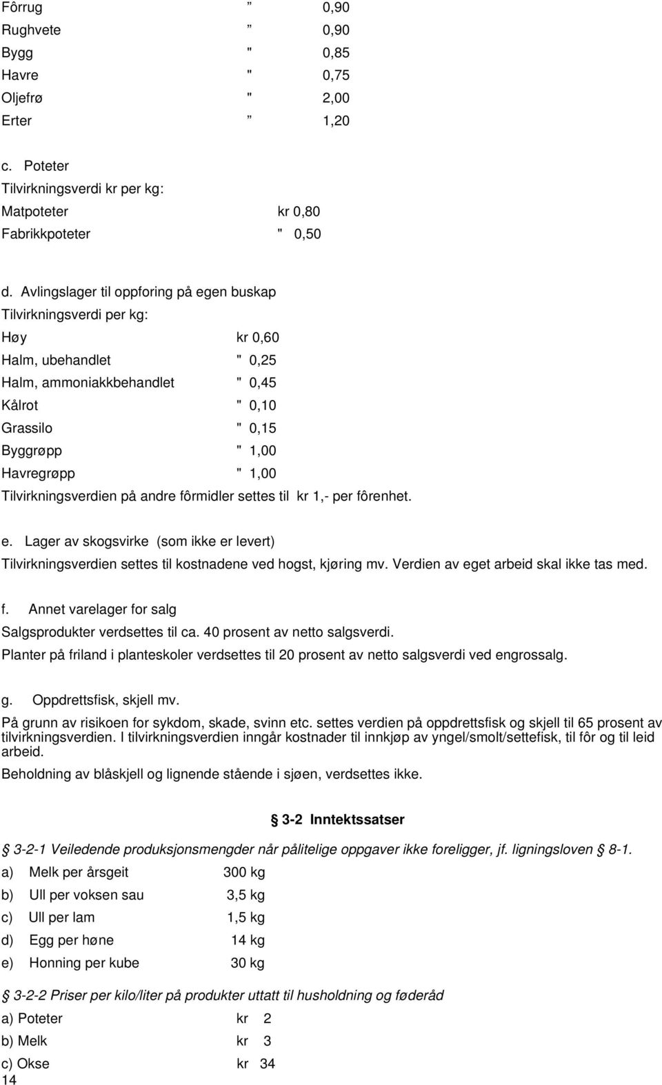 Tilvirkningsverdien på andre fôrmidler settes til kr 1,- per fôrenhet. e. Lager av skogsvirke (som ikke er levert) Tilvirkningsverdien settes til kostnadene ved hogst, kjøring mv.