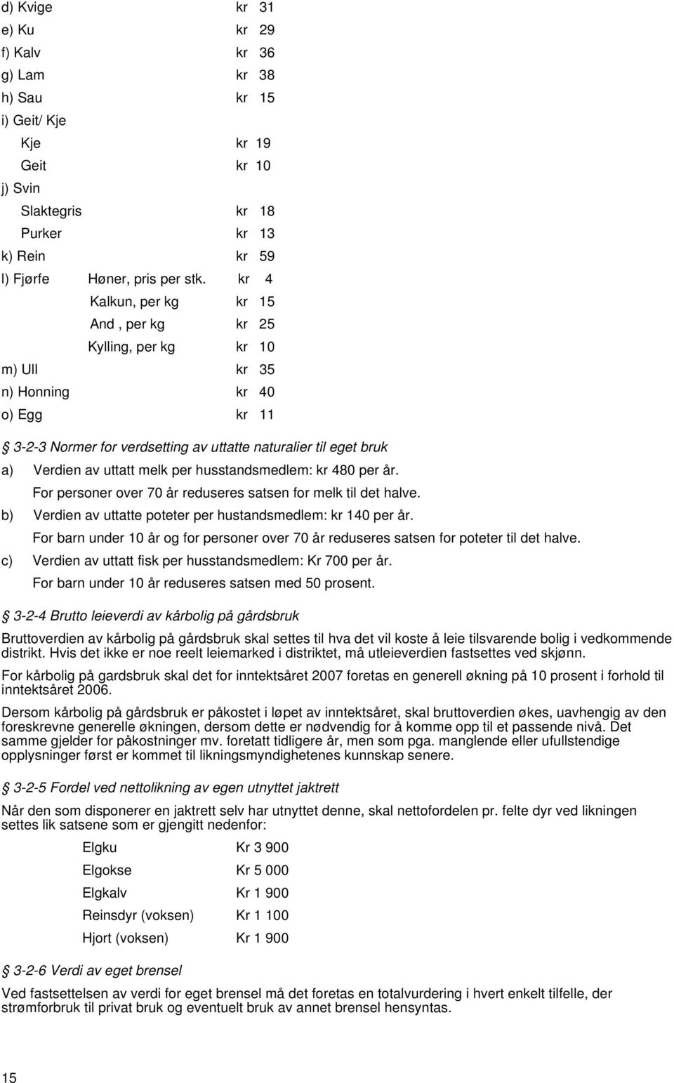 per husstandsmedlem: kr 480 per år. For personer over 70 år reduseres satsen for melk til det halve. b) Verdien av uttatte poteter per hustandsmedlem: kr 140 per år.