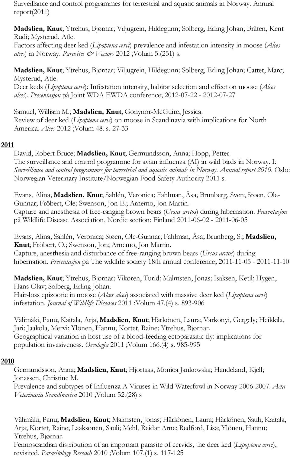 Factors affecting deer ked (Lipoptena cervi) prevalence and infestation intensity in moose (Alces alces) in Norway. Parasites & Vectors 2012 ;Volum 5.(251) s.