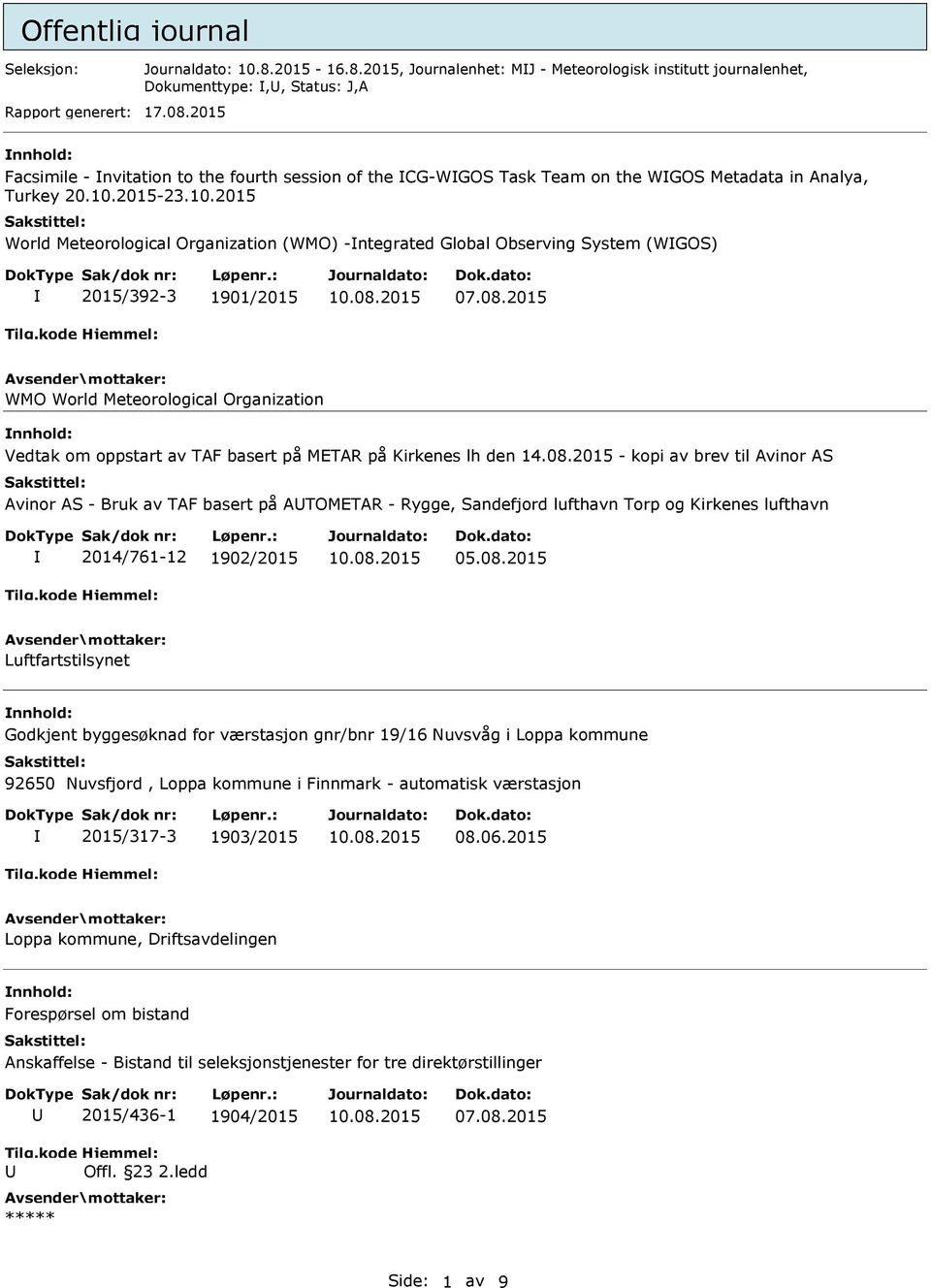 2015-23.10.2015 World Meteorological Organization (WMO) -ntegrated Global Observing System (WGOS) 2015/392-3 1901/2015 07.08.