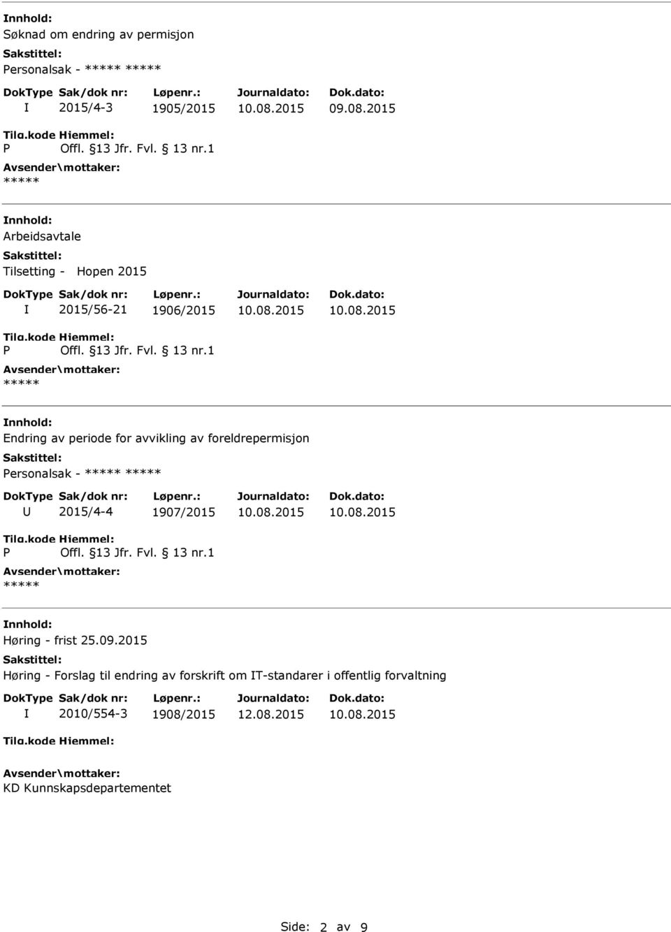 1 Endring av periode for avvikling av foreldrepermisjon Personalsak - P 2015/4-4 1907/2015 Offl. 13 Jfr. Fvl. 13 nr.