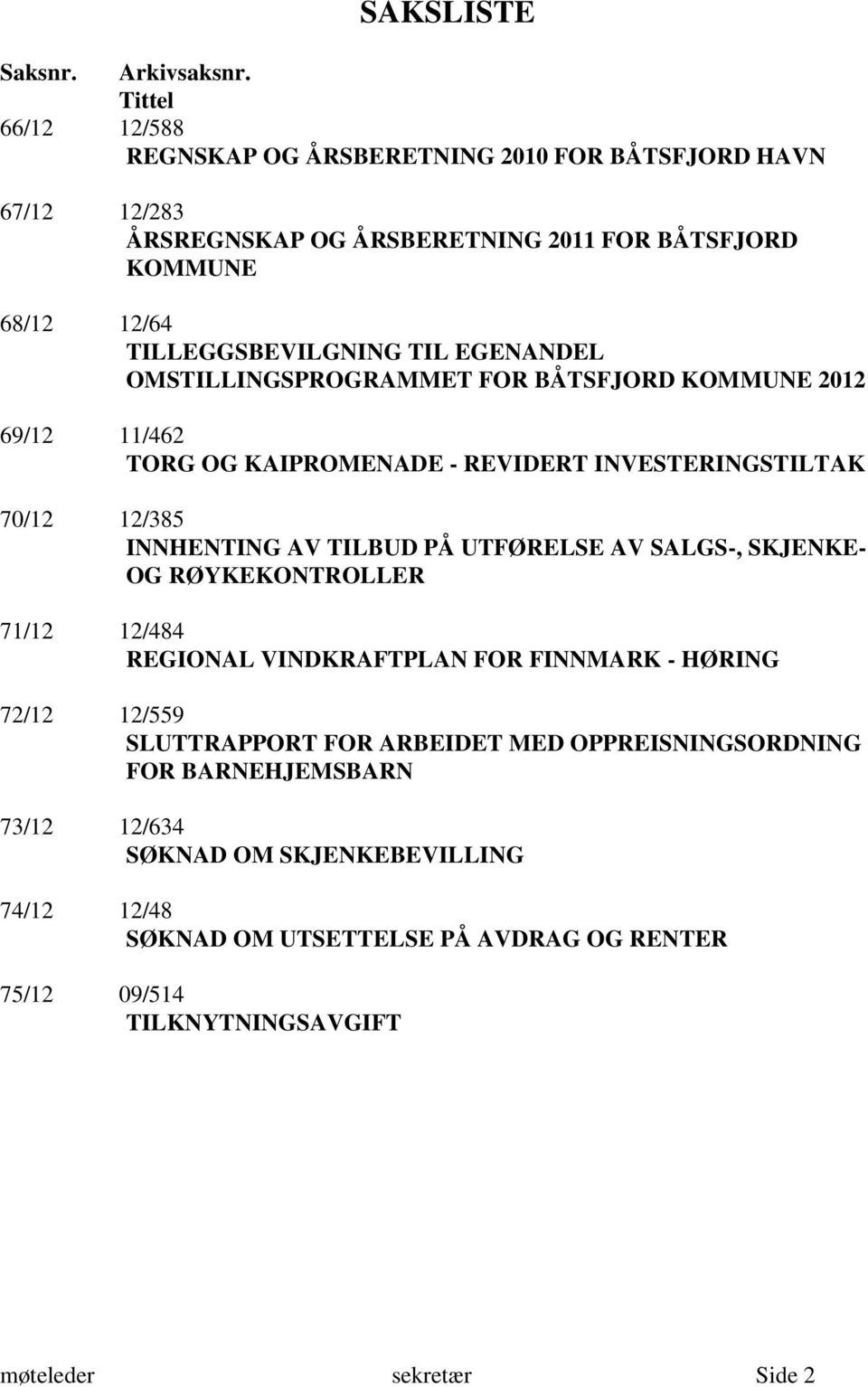 EGENANDEL OMSTILLINGSPROGRAMMET FOR BÅTSFJORD KOMMUNE 2012 69/12 11/462 TORG OG KAIPROMENADE - REVIDERT INVESTERINGSTILTAK 70/12 12/385 INNHENTING AV TILBUD PÅ UTFØRELSE AV