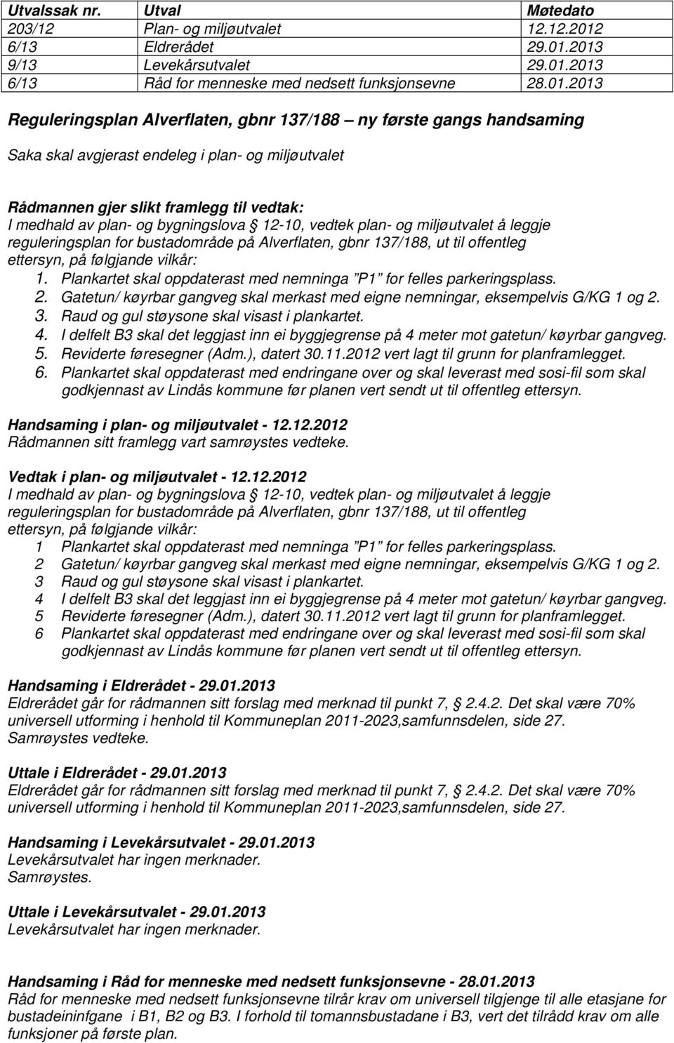 2013 9/13 Levekårsutvalet 29.01.2013 6/13 Råd for menneske med nedsett funksjonsevne 28.01.2013 Reguleringsplan Alverflaten, gbnr 137/188 ny første gangs handsaming Saka skal avgjerast endeleg i