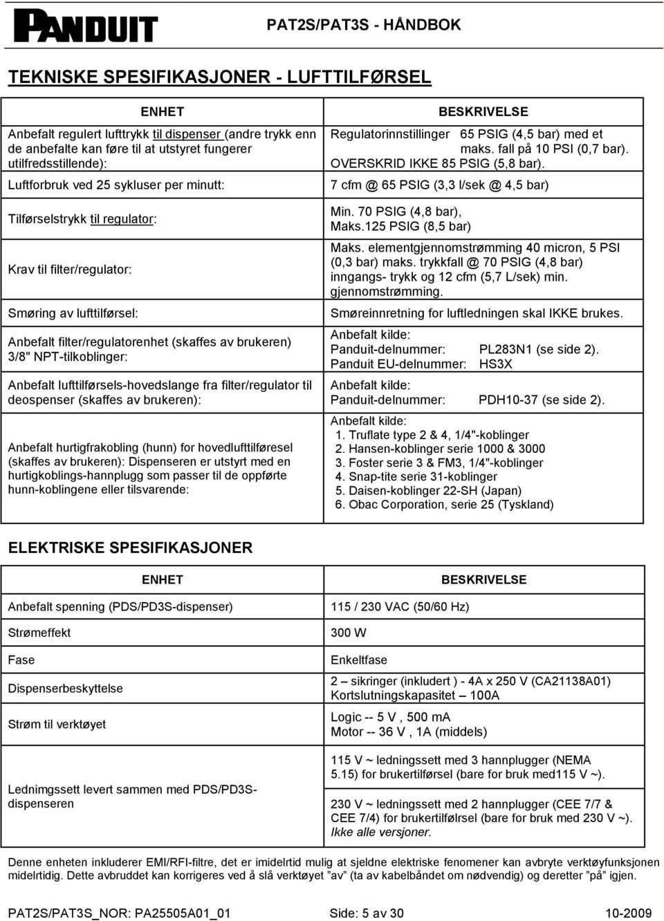 lufttilførsels-hovedslange fra filter/regulator til deospenser (skaffes av brukeren): Anbefalt hurtigfrakobling (hunn) for hovedlufttilføresel (skaffes av brukeren): Dispenseren er utstyrt med en