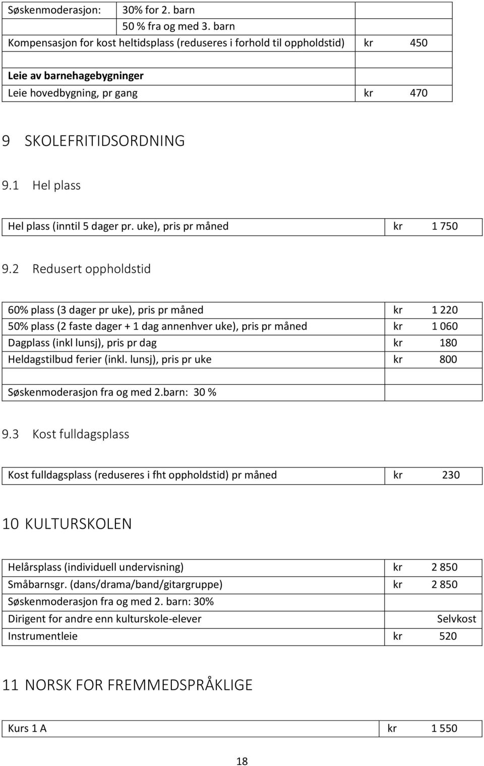 1 Hel plass Hel plass (inntil 5 dager pr. uke), pris pr måned kr 1 750 9.