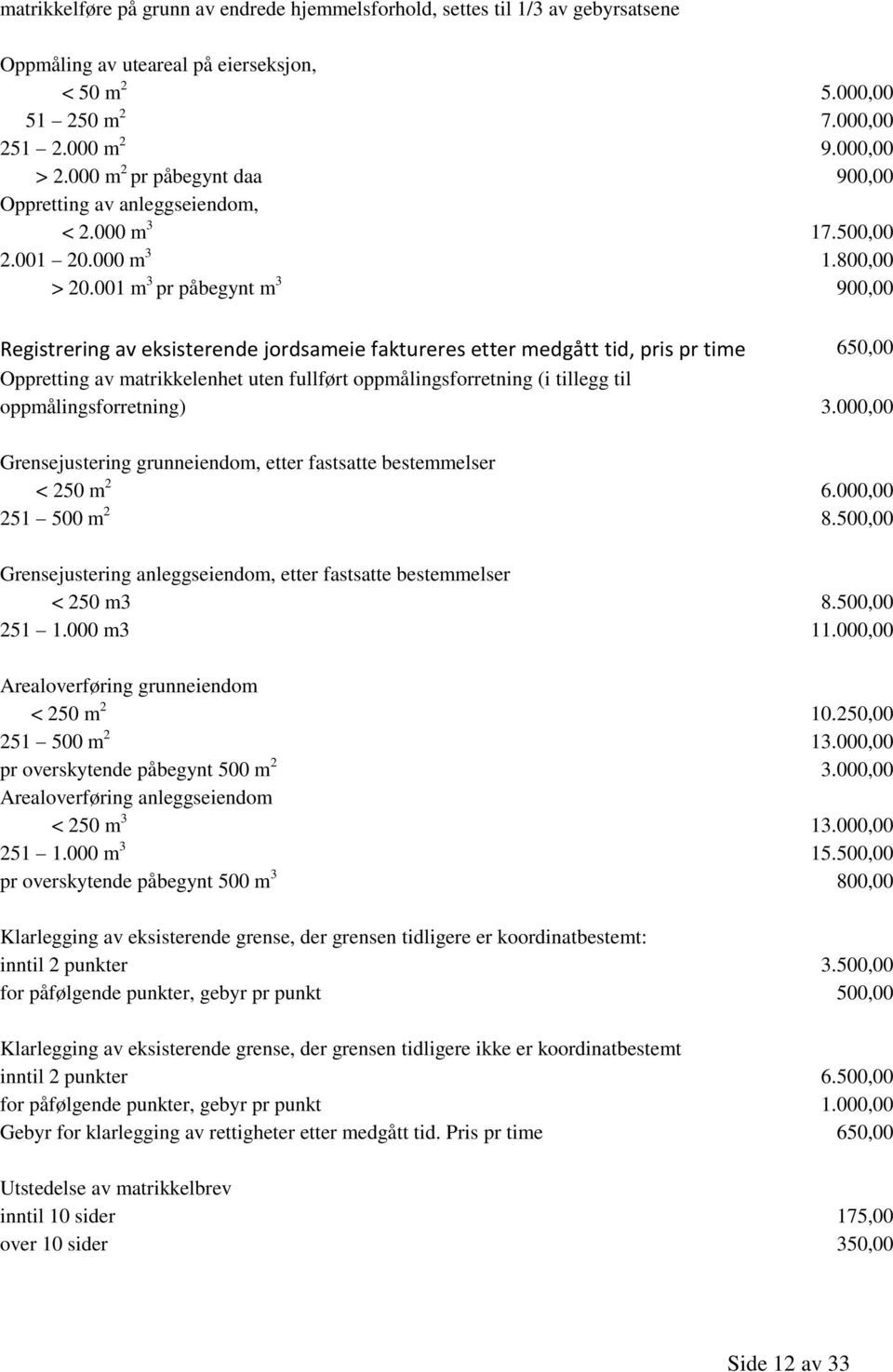 800,00 900,00 Registrering av eksisterende jordsameie faktureres etter medgått tid, pris pr time 650,00 Oppretting av matrikkelenhet uten fullført oppmålingsforretning (i tillegg til