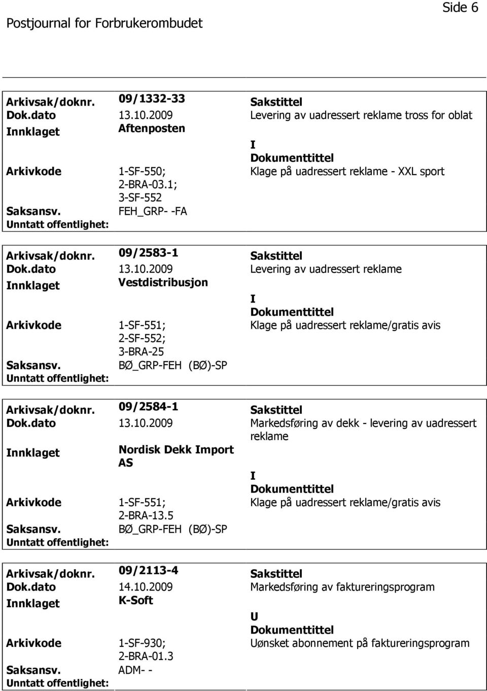 2009 Levering av uadressert reklame nnklaget Vestdistribusjon 2-SF-552; 3-BRA-25 Saksansv. BØ_GRP-FEH (BØ)-SP Arkivsak/doknr. 09/2584-1 Sakstittel Dok.dato 13.10.