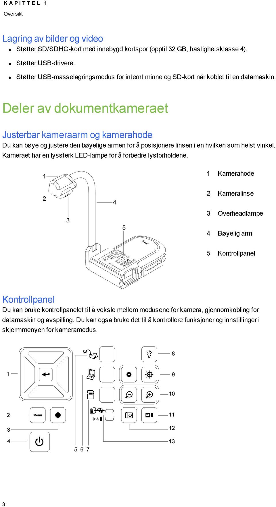 Deler av dkumentkameraet Justerbar kameraarm g kamerahde Du kan bøye g justere den bøyelige armen fr å psisjnere linsen i en hvilken sm helst vinkel.