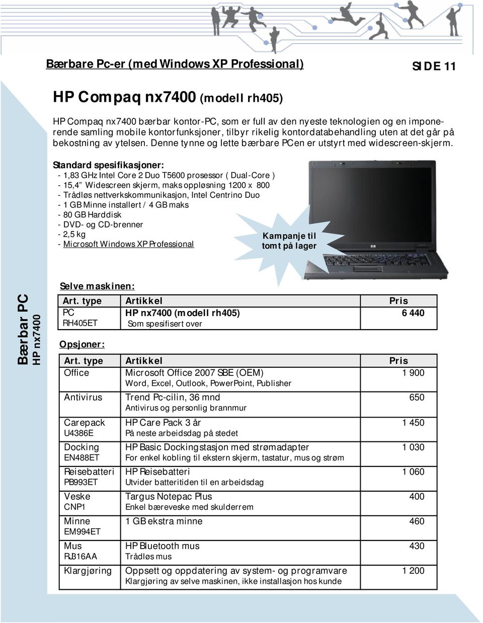 Standard spesifikasjoner: - 1,83 GHz Intel Core 2 Duo T5600 prosessor ( Dual-Core ) - 15,4 Widescreen skjerm, maks oppløsning 1200 x 800 - Trådløs nettverkskommunikasjon, Intel Centrino Duo - 1 GB