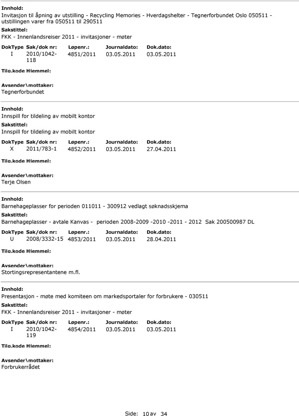 : 4851/2011 Tegnerforbundet nnspill for tildeling av mobilt kontor nnspill for tildeling av mobilt kontor X 2011/783-1 4852/2011 Terje Olsen Barnehageplasser for perioden 011011-300912 vedlagt