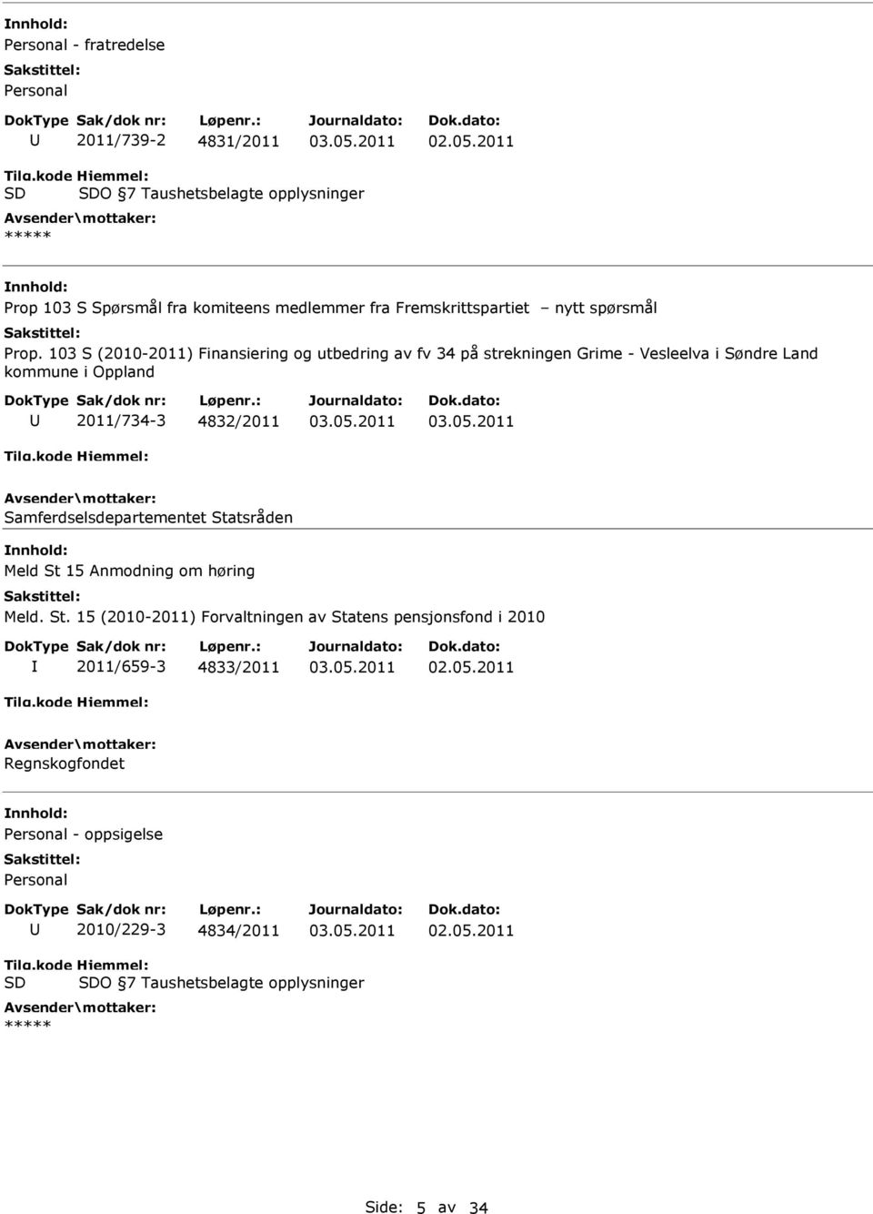 103 S (2010-2011) Finansiering og utbedring av fv 34 på strekningen Grime - Vesleelva i Søndre Land kommune i Oppland 2011/734-3 4832/2011