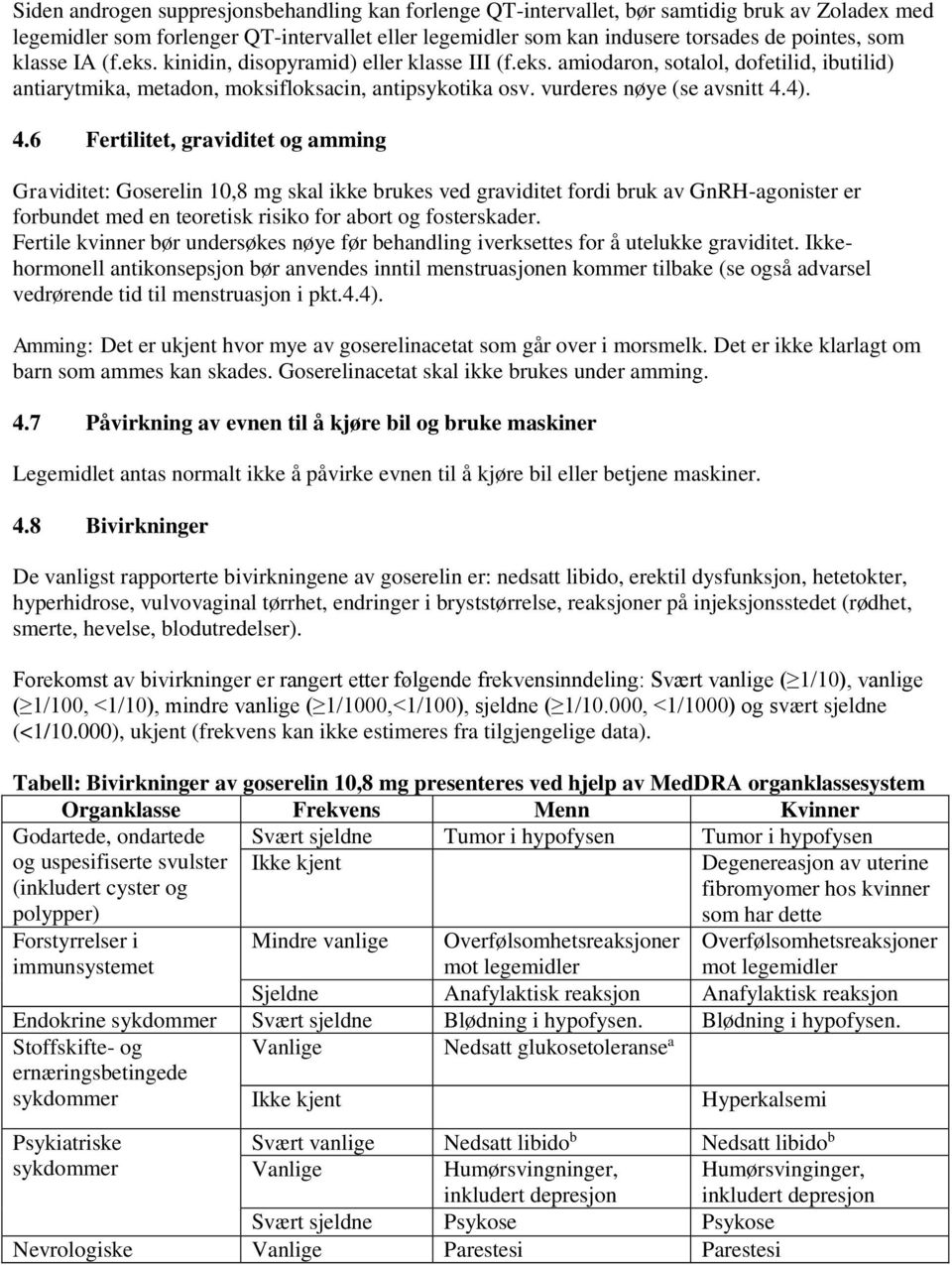 4). 4.6 Fertilitet, graviditet og amming Graviditet: Goserelin 10,8 mg skal ikke brukes ved graviditet fordi bruk av GnRH-agonister er forbundet med en teoretisk risiko for abort og fosterskader.