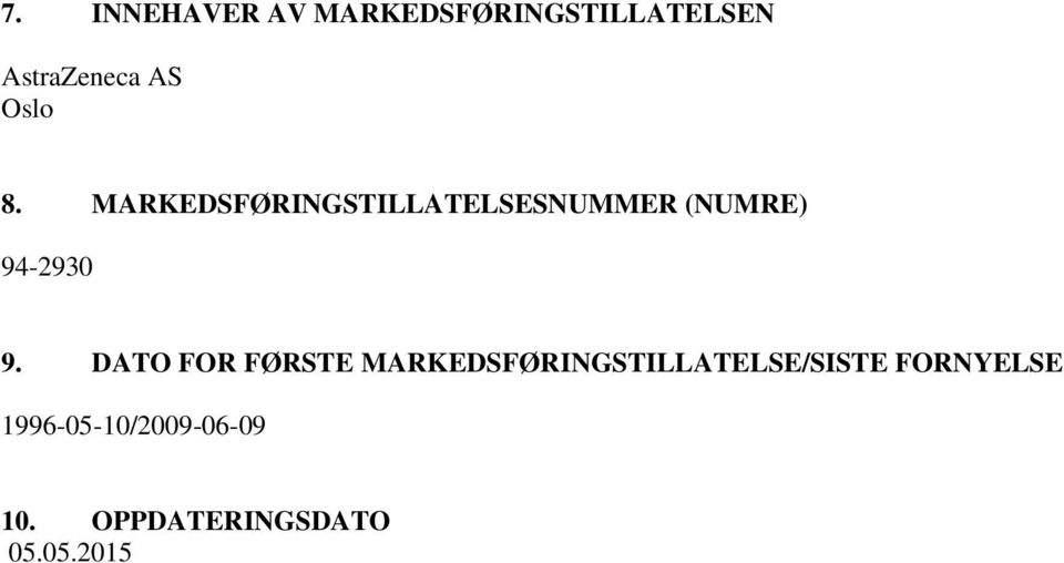 MARKEDSFØRINGSTILLATELSESNUMMER (NUMRE) 94-2930 9.