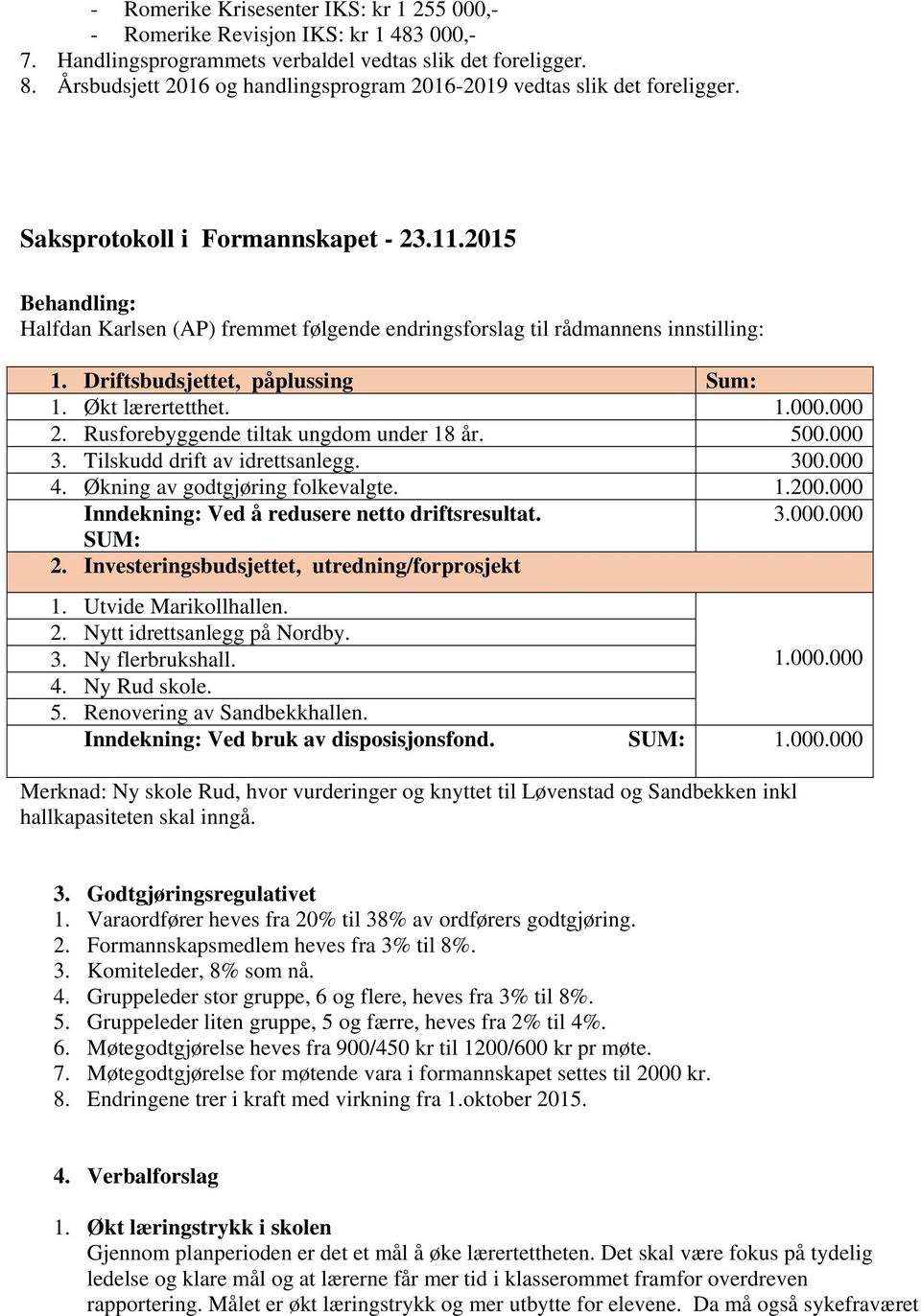 2015 Behandling: Halfdan Karlsen (AP) fremmet følgende endringsforslag til rådmannens innstilling: 1. Driftsbudsjettet, påplussing Sum: 1. Økt lærertetthet. 1.000.000 2.