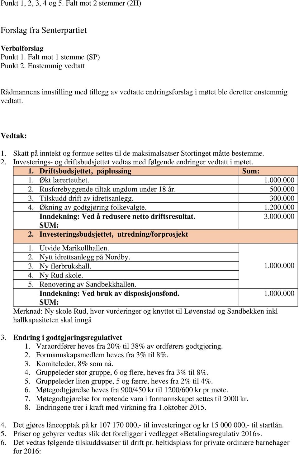 Skatt på inntekt og formue settes til de maksimalsatser Stortinget måtte bestemme. 2. Investerings- og driftsbudsjettet vedtas med følgende endringer vedtatt i møtet. 1.