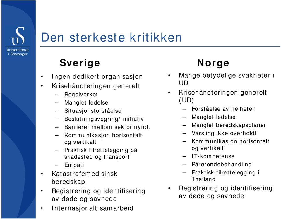 Kommunikasjon horisontalt og vertikalt Praktisk tilrettelegging på skadested og transport Empati Katastrofemedisinsk beredskap Registrering og identifisering av døde og savnede