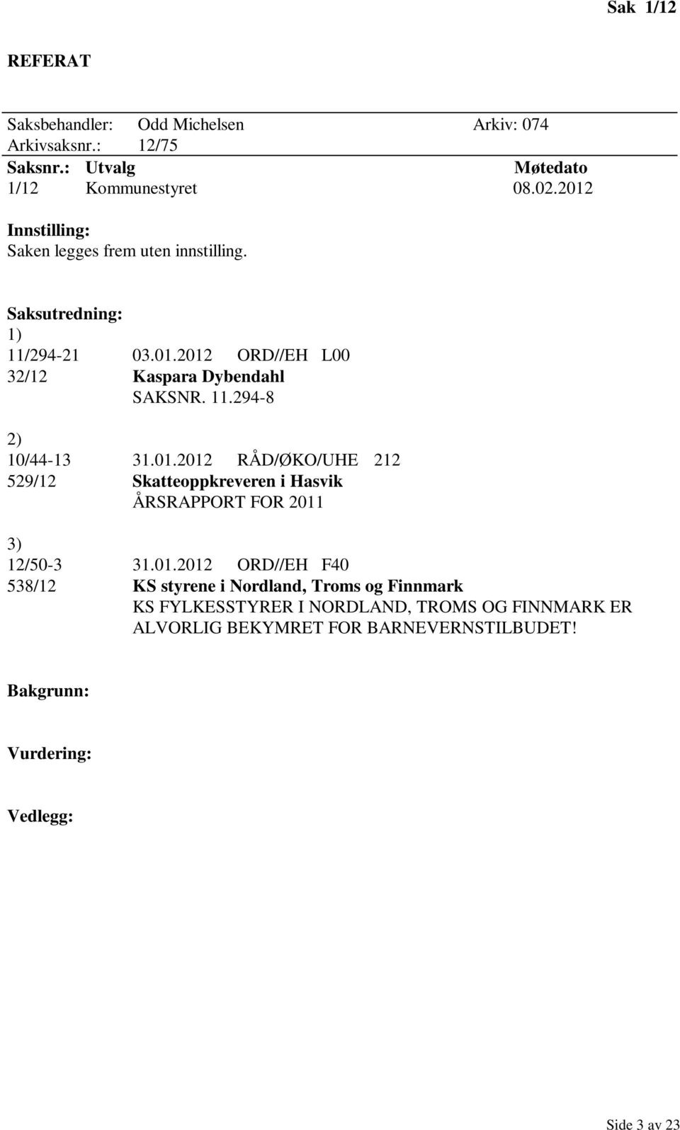 01.2012 RÅD/ØKO/UHE 212 529/12 Skatteoppkreveren i Hasvik ÅRSRAPPORT FOR 2011 3) 12/50-3 31.01.2012 ORD//EH F40 538/12 KS styrene i Nordland,