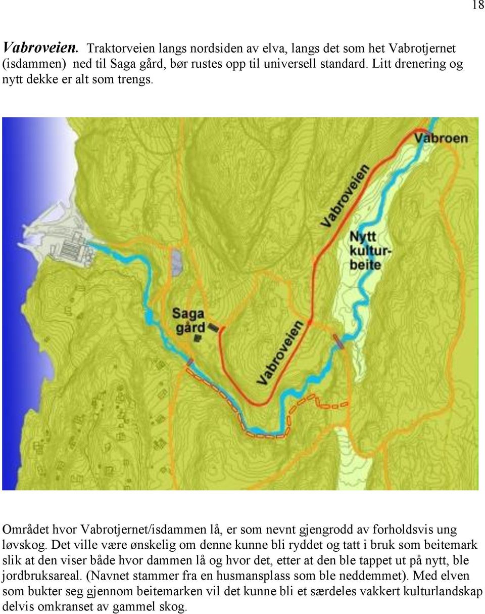 Det ville være ønskelig om denne kunne bli ryddet og tatt i bruk som beitemark slik at den viser både hvor dammen lå og hvor det, etter at den ble tappet ut på nytt,