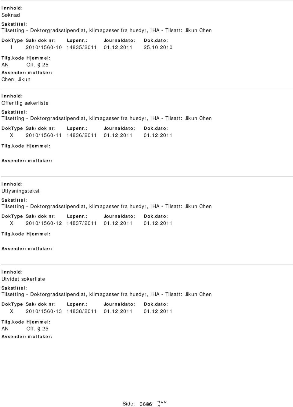 /1560-11 14836/011 01.1.011 01.1.011 Utlysningstekst Tilsetting - Doktorgradsstipendiat, klimagasser fra husdyr, HA - Tilsatt: Jikun Chen 010/1560-1 14837/011 01.