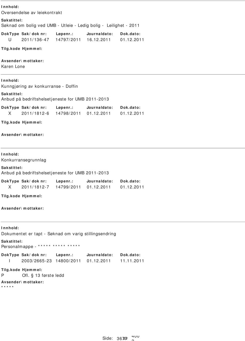 1.011 01.1.011 Dokumentet er tapt - Søknad om varig stillingsendring ersonalmappe - 003/665-3 14800/011 01.1.011 11.11.011 Side: 3677 av 400