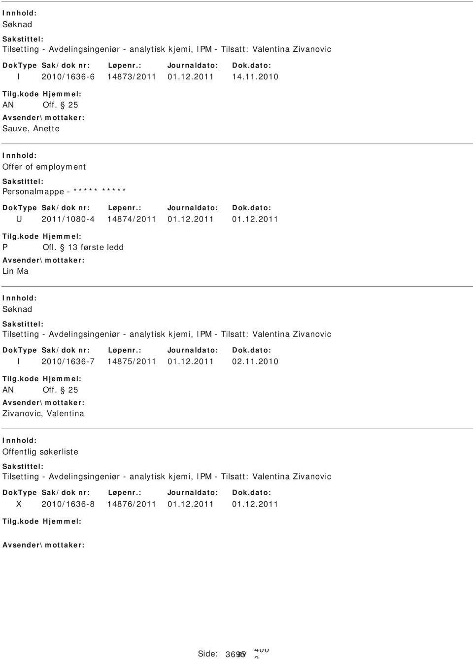 /1080-4 14874/011 01.1.011 01.1.011 Lin Ma Søknad Tilsetting - Avdelingsingeniør - analytisk kjemi, M - Tilsatt: Valentina Zivanovic 010/1636-7 14875/011 01.