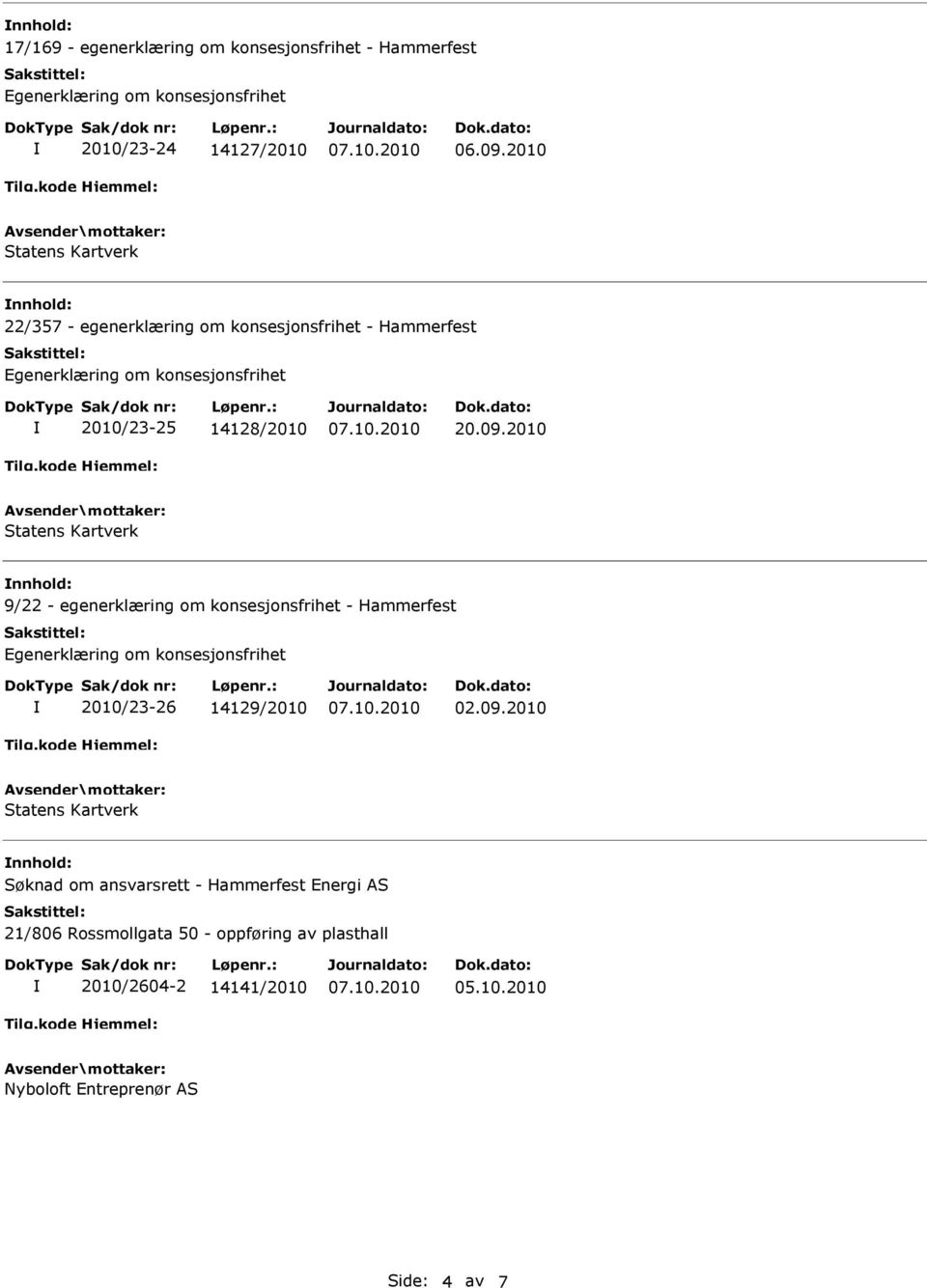 2010 nnhold: 9/22 - egenerklæring om konsesjonsfrihet - Hammerfest 2010/23-26 14129/2010 02.09.