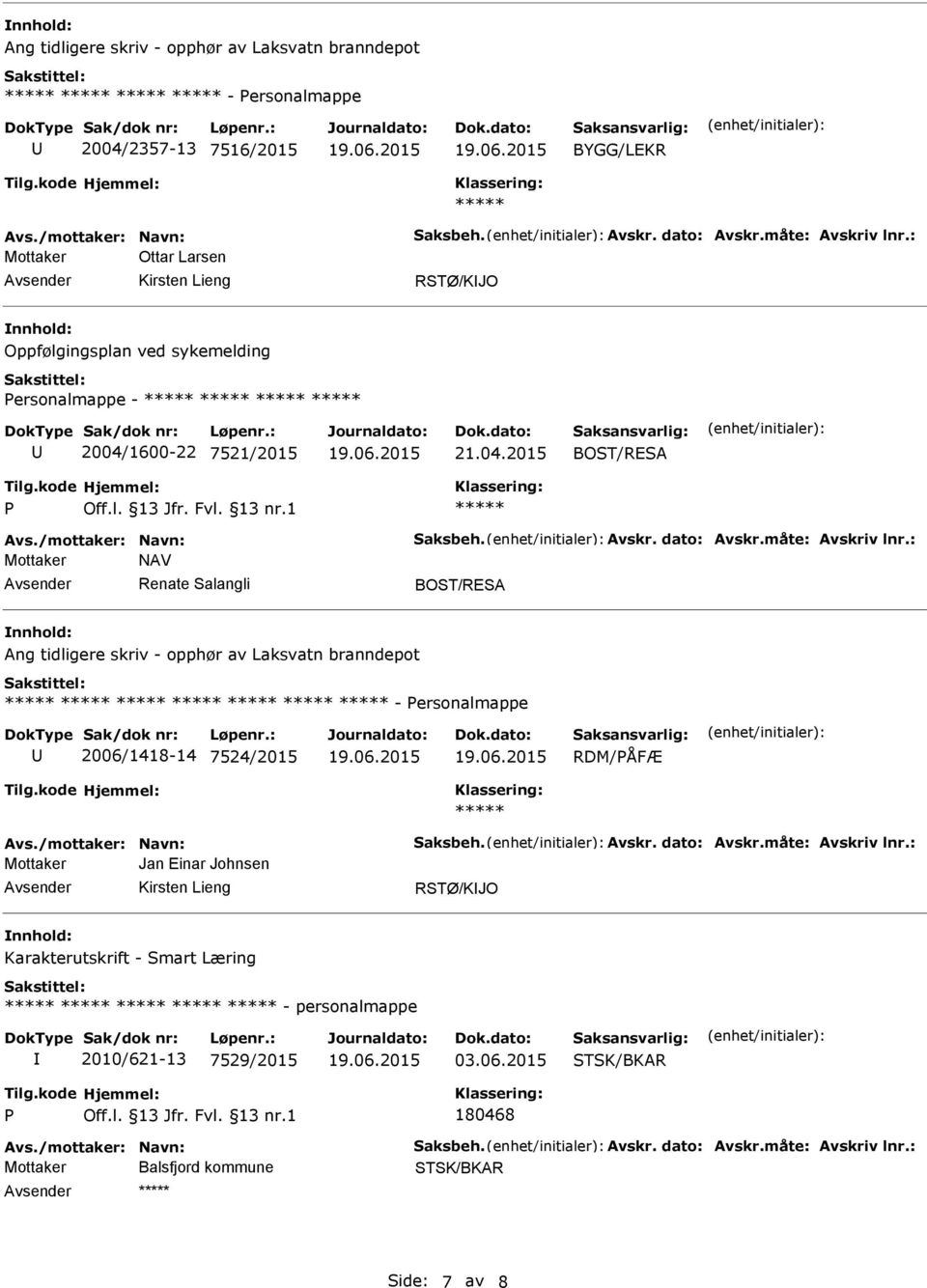 : Mottaker NAV Renate Salangli Ang tidligere skriv - opphør av Laksvatn branndepot - ersonalmappe 2006/1418-14 7524/2015 RDM/ÅFÆ Avs./mottaker: Navn: Saksbeh. Avskr. dato: Avskr.