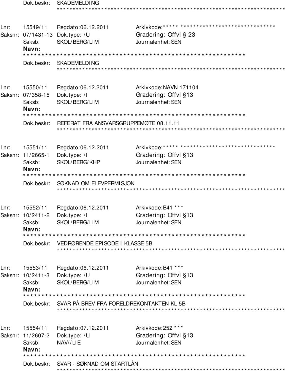 12.2011 Arkivkode:***** ****************************** Saksnr: 11/2665-1 Dok.type: /I Offvl 13 Saksb: SKOL/BERG/KHP Journalenhet:SEN Dok.