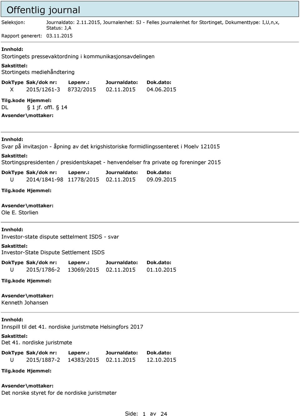 14 nnhold: Svar på invitasjon - åpning av det krigshistoriske formidlingssenteret i Moelv 121015 Stortingspresidenten / presidentskapet - henvendelser fra private og foreninger 2015 2014/1841-98