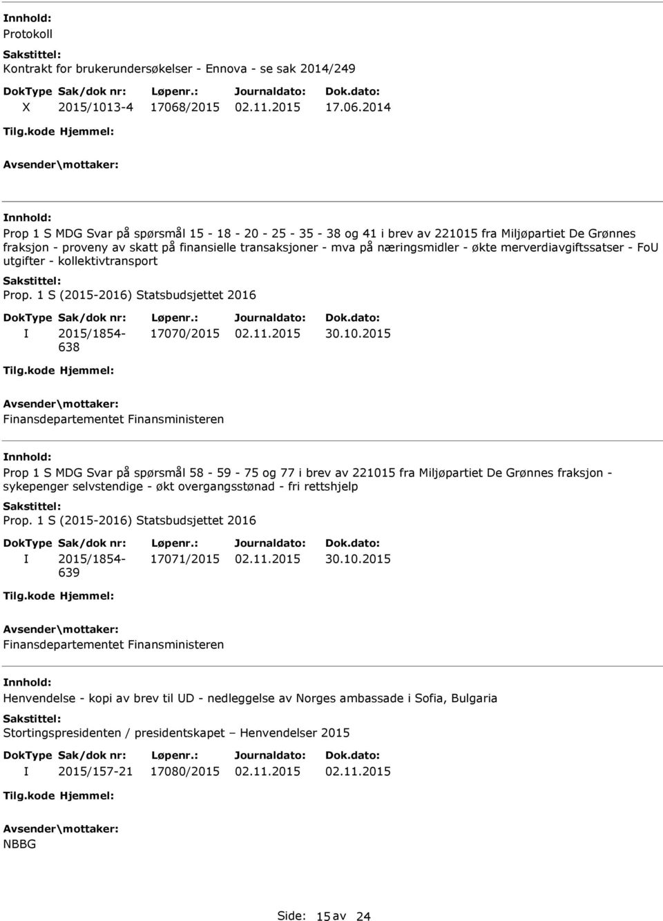 2014 nnhold: Prop 1 S MDG Svar på spørsmål 15-18 - 20-25 - 35-38 og 41 i brev av 221015 fra Miljøpartiet De Grønnes fraksjon - proveny av skatt på finansielle transaksjoner - mva på