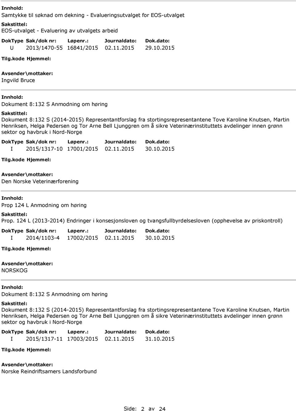 Tor Arne Bell Ljunggren om å sikre Veterinærinstituttets avdelinger innen grønn sektor og havbruk i Nord-Norge 2015/1317-10 17001/2015 Den Norske Veterinærforening nnhold: Prop 124 L Anmodning om