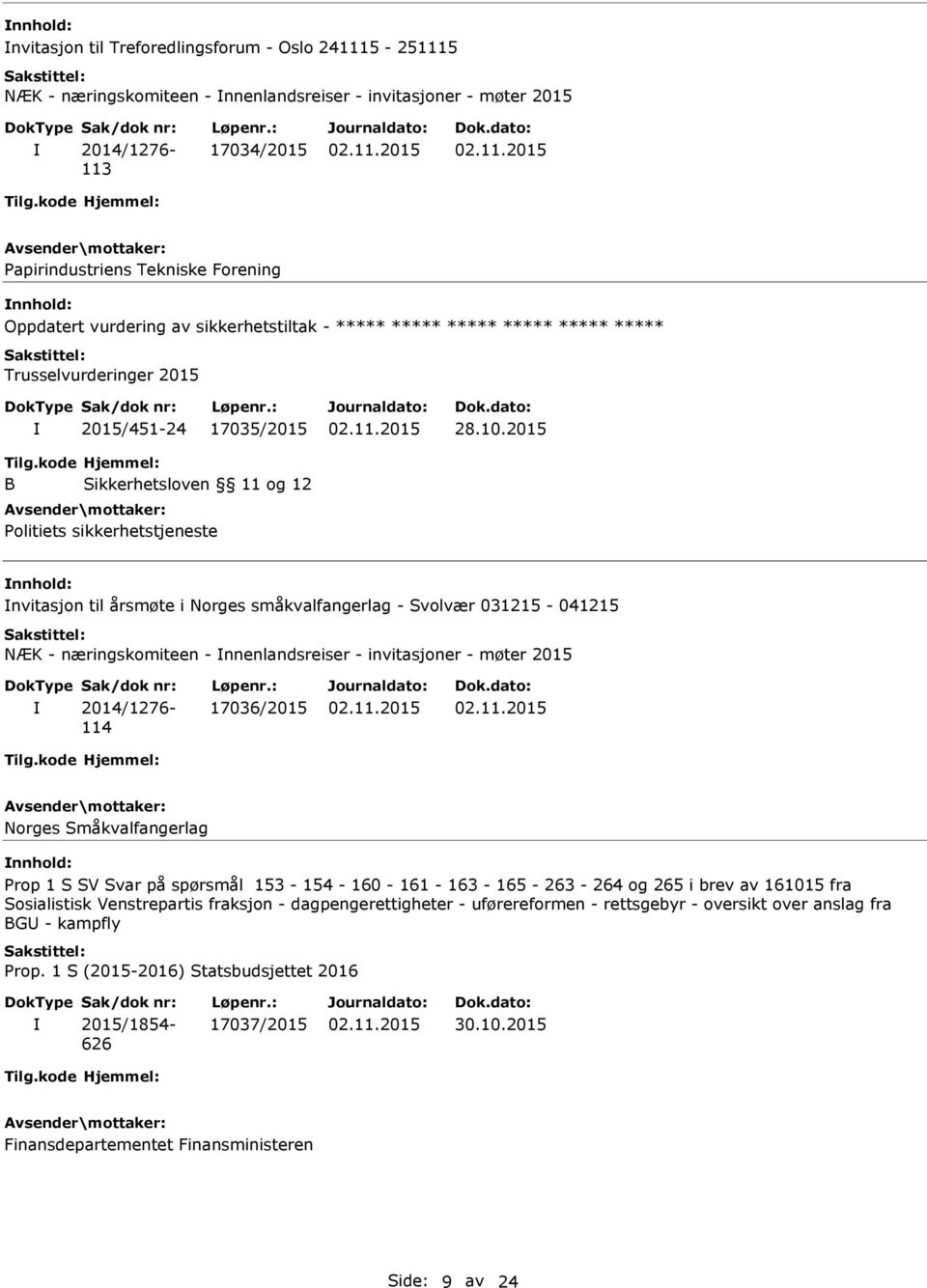 kode B Hjemmel: Sikkerhetsloven 11 og 12 Politiets sikkerhetstjeneste nnhold: nvitasjon til årsmøte i Norges småkvalfangerlag - Svolvær 031215-041215 NÆK - næringskomiteen - nnenlandsreiser -