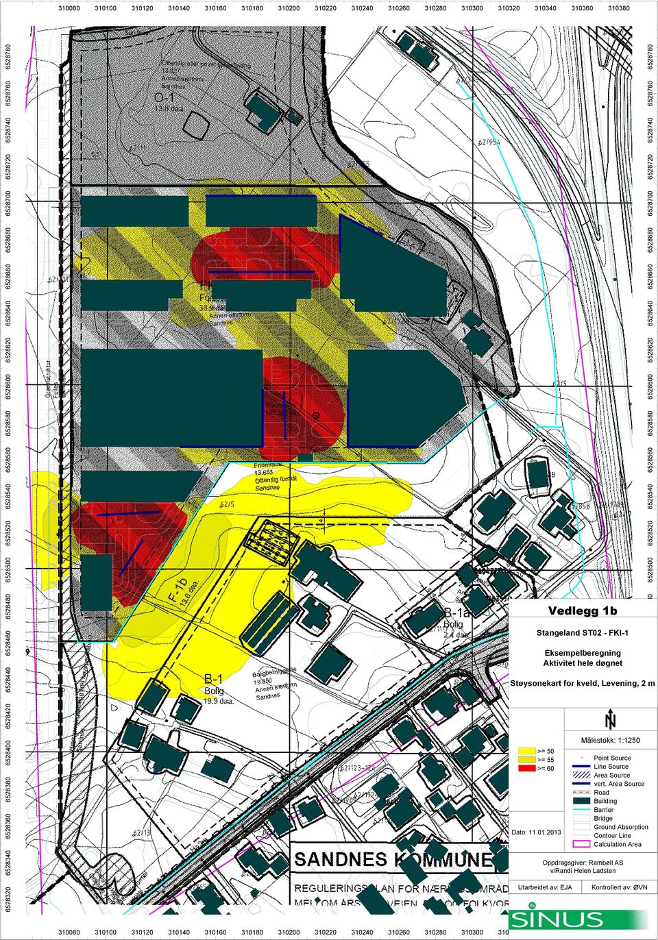 6528700 6528700 6528720 6528720 6528740 6528740 6528760 6528760 6528780 6528780 Vedlegg 1b Stangeland ST02 - FKI-1 Eksempelberegning Aktivitet hele døgnet Støysonekart for kveld, Levening, 2 m >= 50