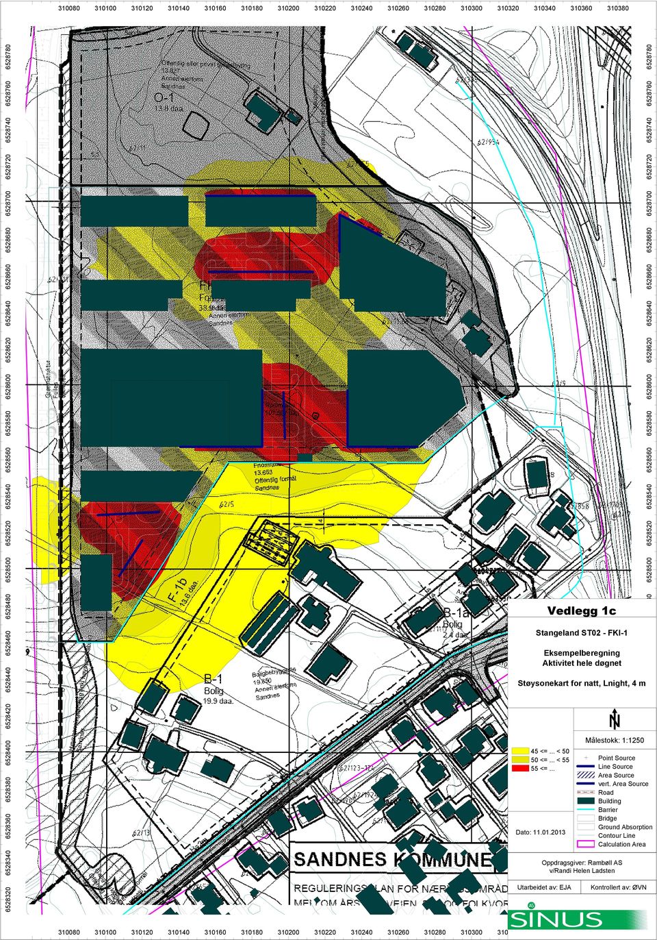 6528700 6528700 6528720 6528720 6528740 6528740 6528760 6528760 6528780 6528780 Vedlegg 1c Stangeland ST02 - FKI-1 Eksempelberegning Aktivitet hele døgnet Støysonekart for natt, Lnight, 4 m 45 <=.