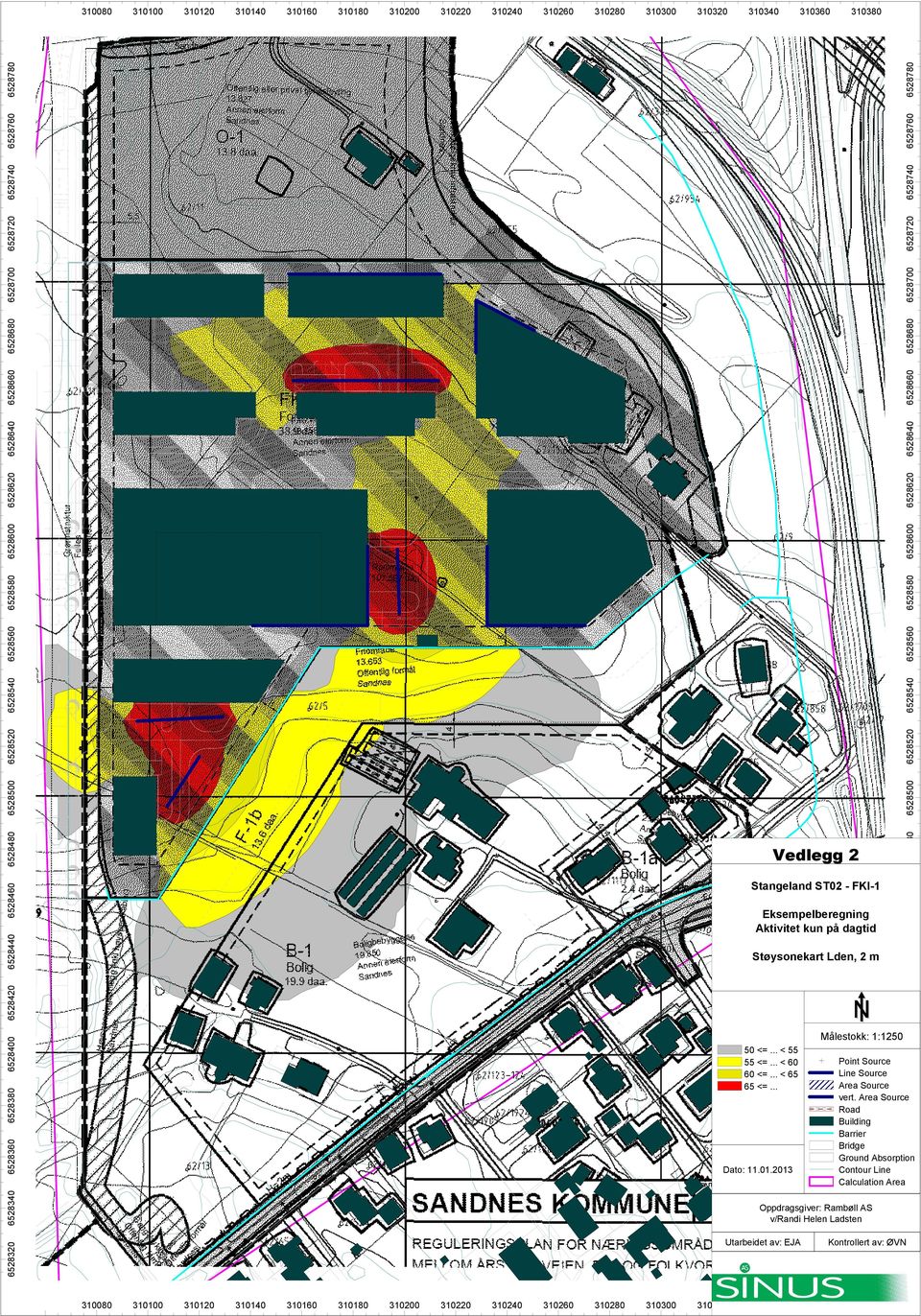6528700 6528700 6528720 6528720 6528740 6528740 6528760 6528760 6528780 6528780 Vedlegg 2 Stangeland ST02 - FKI-1 Eksempelberegning Aktivitet kun på dagtid Støysonekart Lden, 2 m 50 <=... < 55 55 <=.