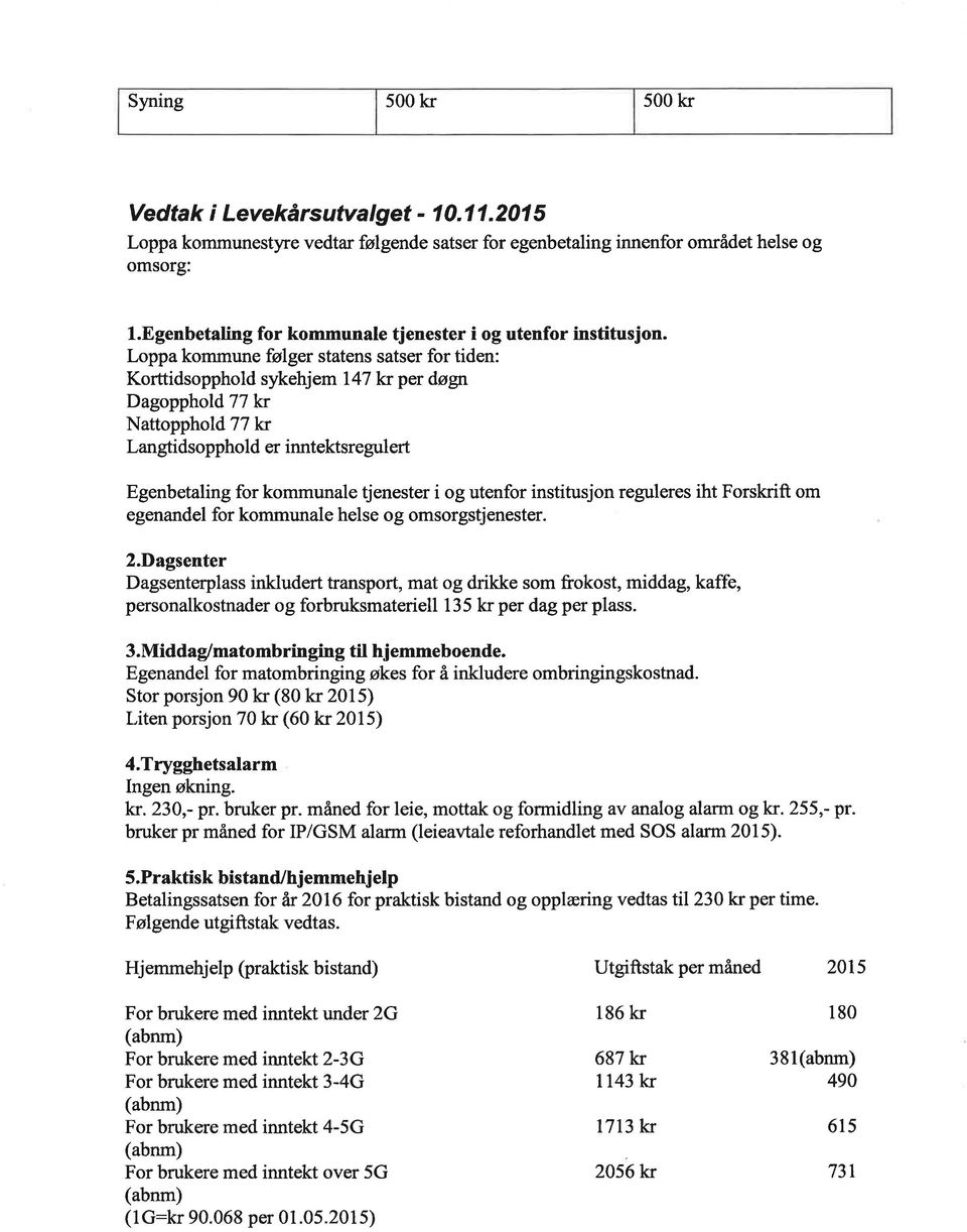 Loppa kommune følger statens satser for tiden: Korttidsopphold sykehjem l47l<r per døgn DagoppholdTT kr NattoppholdTT ki Langtidsopphold er inntektsregulert Egenbetaling for kommunale tjenester i og