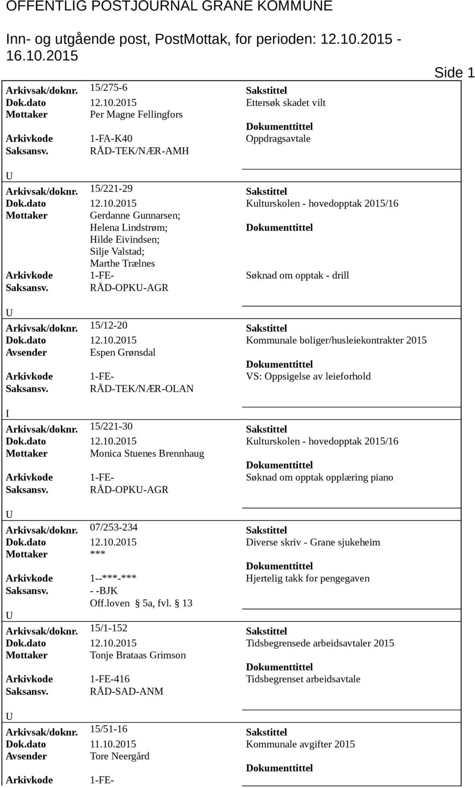 2015 Kulturskolen - hovedopptak 2015/16 Mottaker Gerdanne Gunnarsen; Helena Lindstrøm; Hilde Eivindsen; Silje Valstad; Marthe Trælnes Arkivkode 1-FE- Søknad om opptak - drill Saksansv.