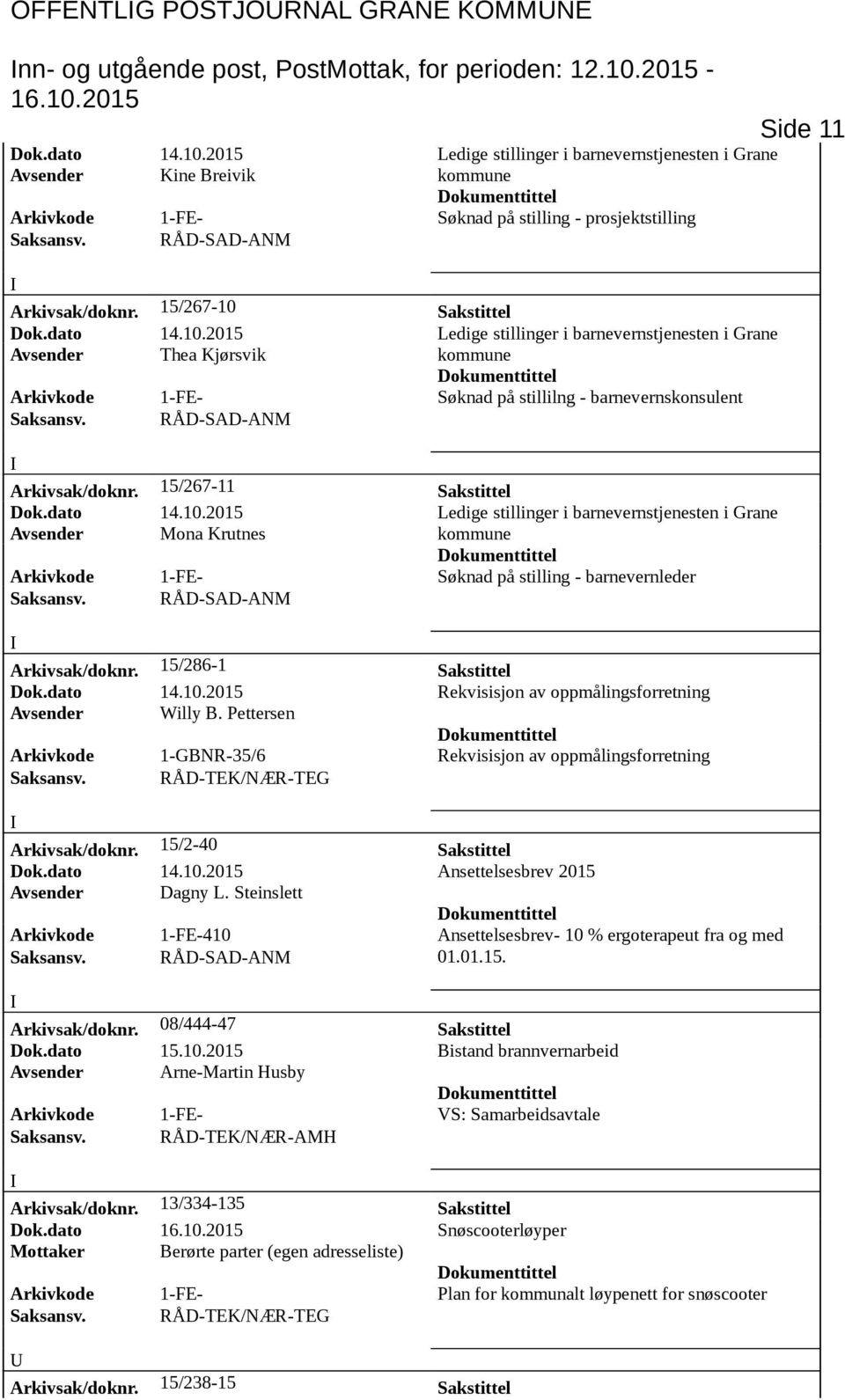 15/267-11 Sakstittel Dok.dato 14.10.2015 Ledige stillinger i barnevernstjenesten i Grane Avsender Mona Krutnes - barnevernleder Arkivsak/doknr. 15/286-1 Sakstittel Dok.dato 14.10.2015 Rekvisisjon av oppmålingsforretning Avsender Willy B.