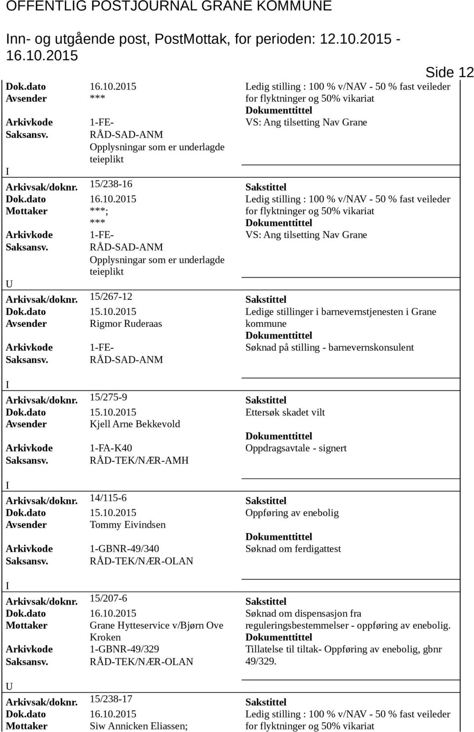 Arkivsak/doknr. 15/238-16 Sakstittel Dok.