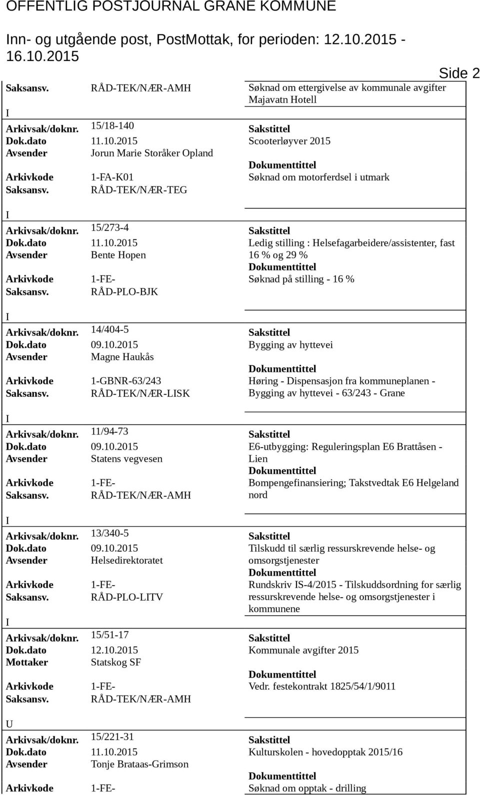 15/273-4 Sakstittel Dok.dato 11.10.2015 Ledig stilling : Helsefagarbeidere/assistenter, fast Avsender Bente Hopen 16 % og 29 % - 16 % Arkivsak/doknr. 14/404-5 Sakstittel Dok.dato 09.10.2015 Bygging av hyttevei Avsender Magne Haukås Arkivkode 1-GBNR-63/243 Høring - Dispensasjon fra planen - Saksansv.