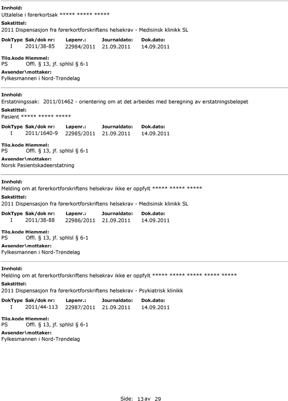 2011 Melding om at førerkortforskriftens helsekrav ikke er oppfylt ***** ***** ***** 2011 Dispensasjon fra førerkortforskriftens helsekrav - Medisinsk klinikk SL 2011/38-88 22986/2011 Fylkesmannen i