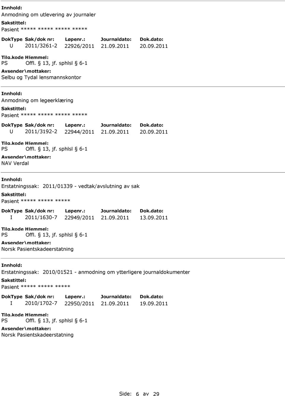 vedtak/avslutning av sak 2011/1630-7 22949/2011 Norsk Pasientskadeerstatning 13.09.