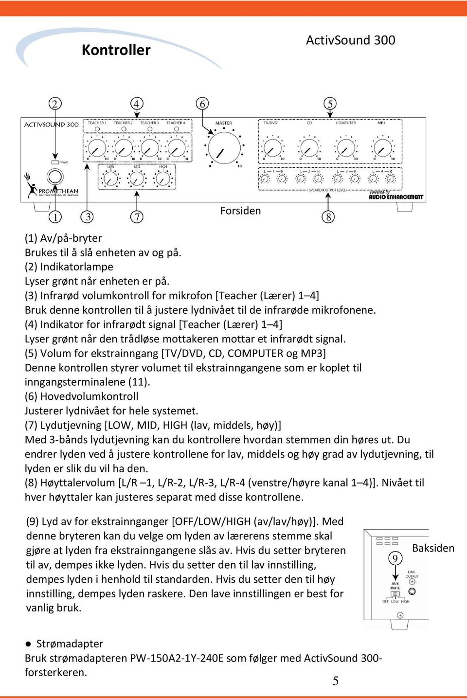 () Indikator for infrarødt signal [Teacher (Lærer) 1 ] Lyser grønt når den trådløse mottakeren mottar et infrarødt signal.