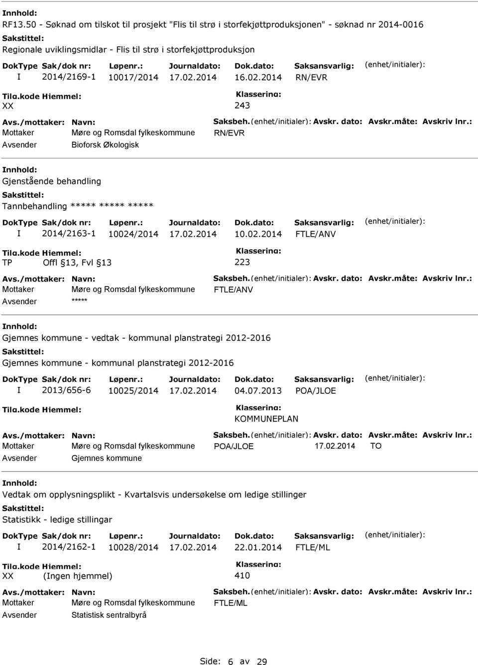 2014 RN/EVR 243 Mottaker Møre og Romsdal fylkeskommune RN/EVR Avsender Bioforsk Økologisk nnhold: Gjenstående behandling Tannbehandling ***** ***** ***** 2014/2163-1 10024